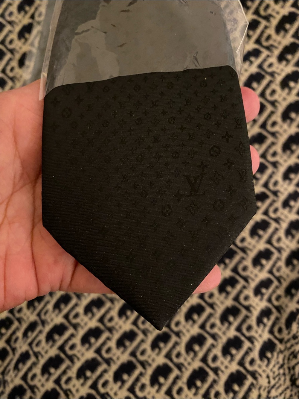 Black Monogram Silk Tie — Subtle Signature Pattern